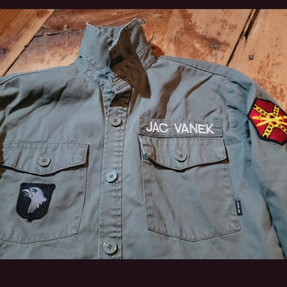 Jac Vanek Army Military Green Jacket Distressed Repurposed Ray Of Effin 🌞 - Picture 10 of 11
